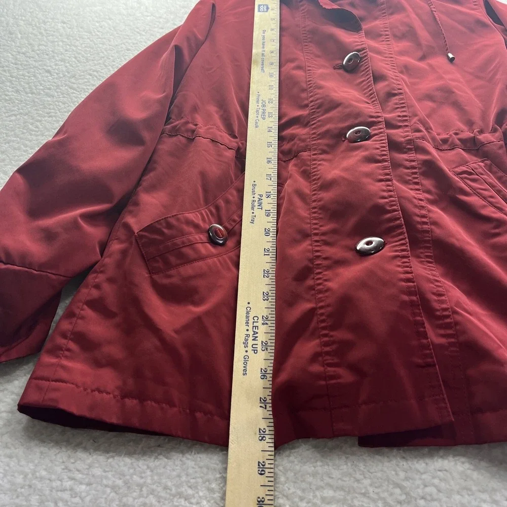 St Johns Bay Jacket Womens Small Red Pockets Full Zip Button Hooded Chore Preppy